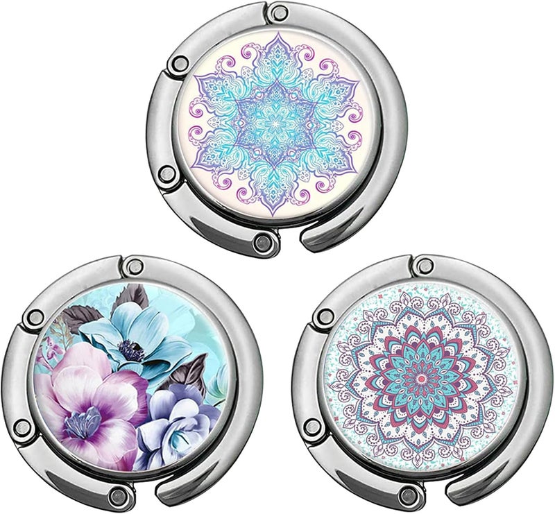 ZHENBAOLAI Foldable Purse Hook, Folding Handbag Hanger Bag Hanger Table Hook for Girls and Women（005-3P Mandala Flower） - Image 1